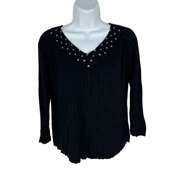 Investments Womens Black Sweater With Silver Studded V-Neck Size XL - Picture 1 of 5